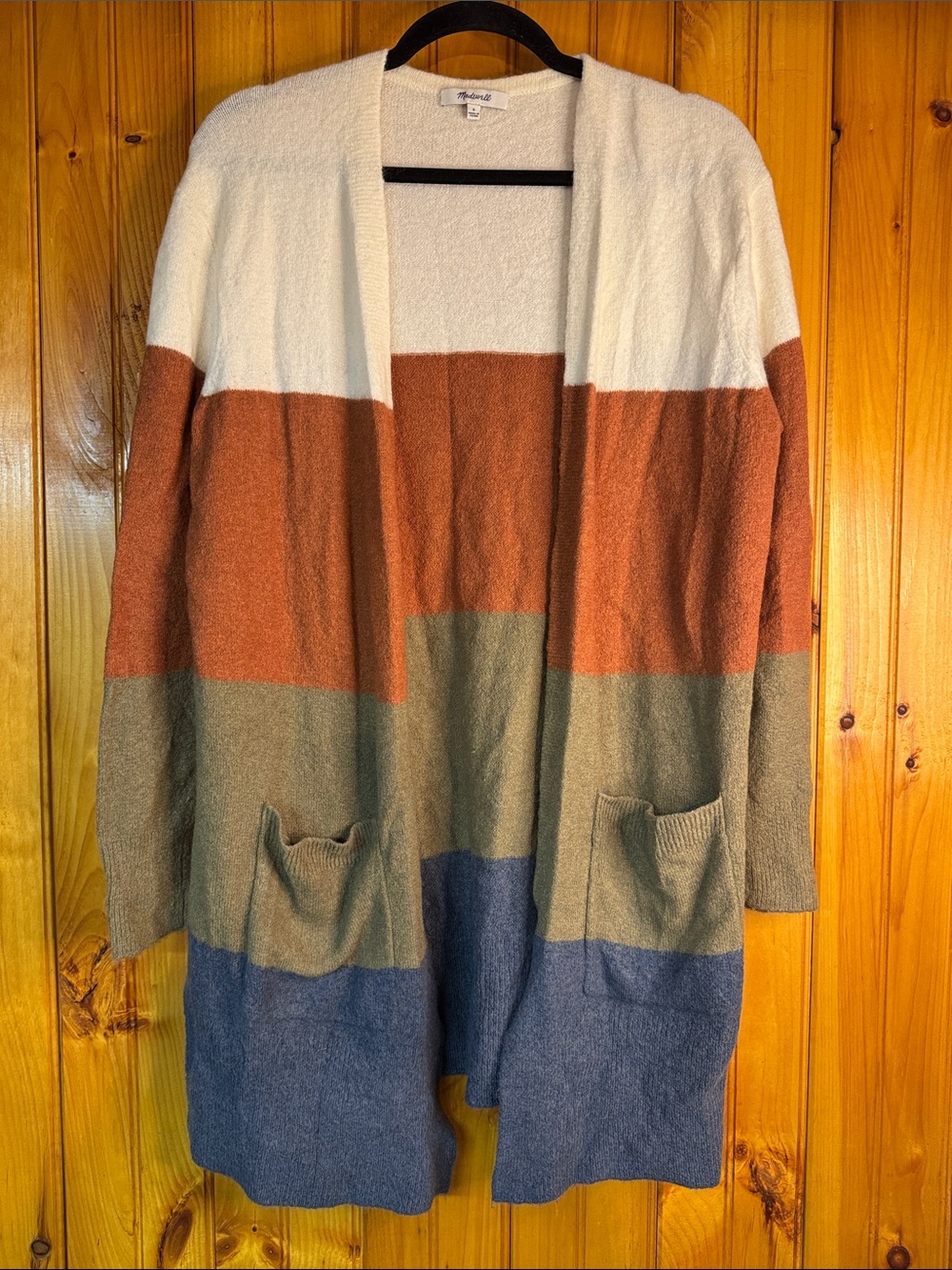 Madewell Kent Cardifan Colorblock Open Cardigan in Cream, Rust, Olive & Blue